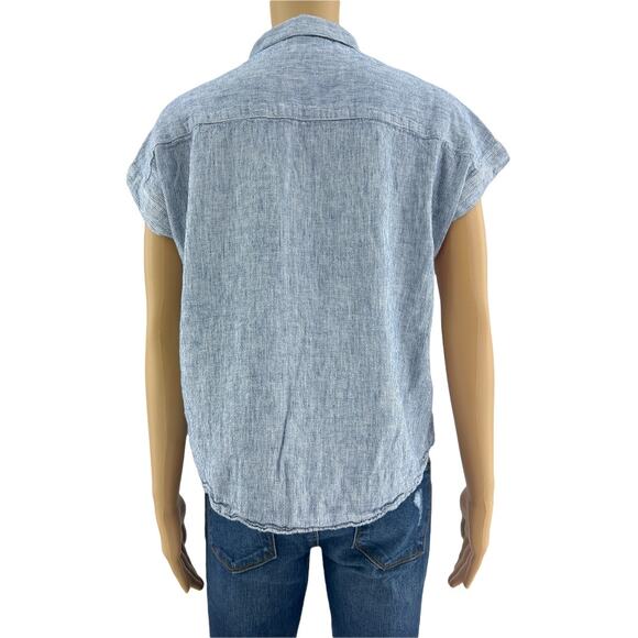 Weatherproof (S) Blue Pinstripe Washable Linen Cap Sleeve Knot Tie Crop Top - Picture 5 of 6